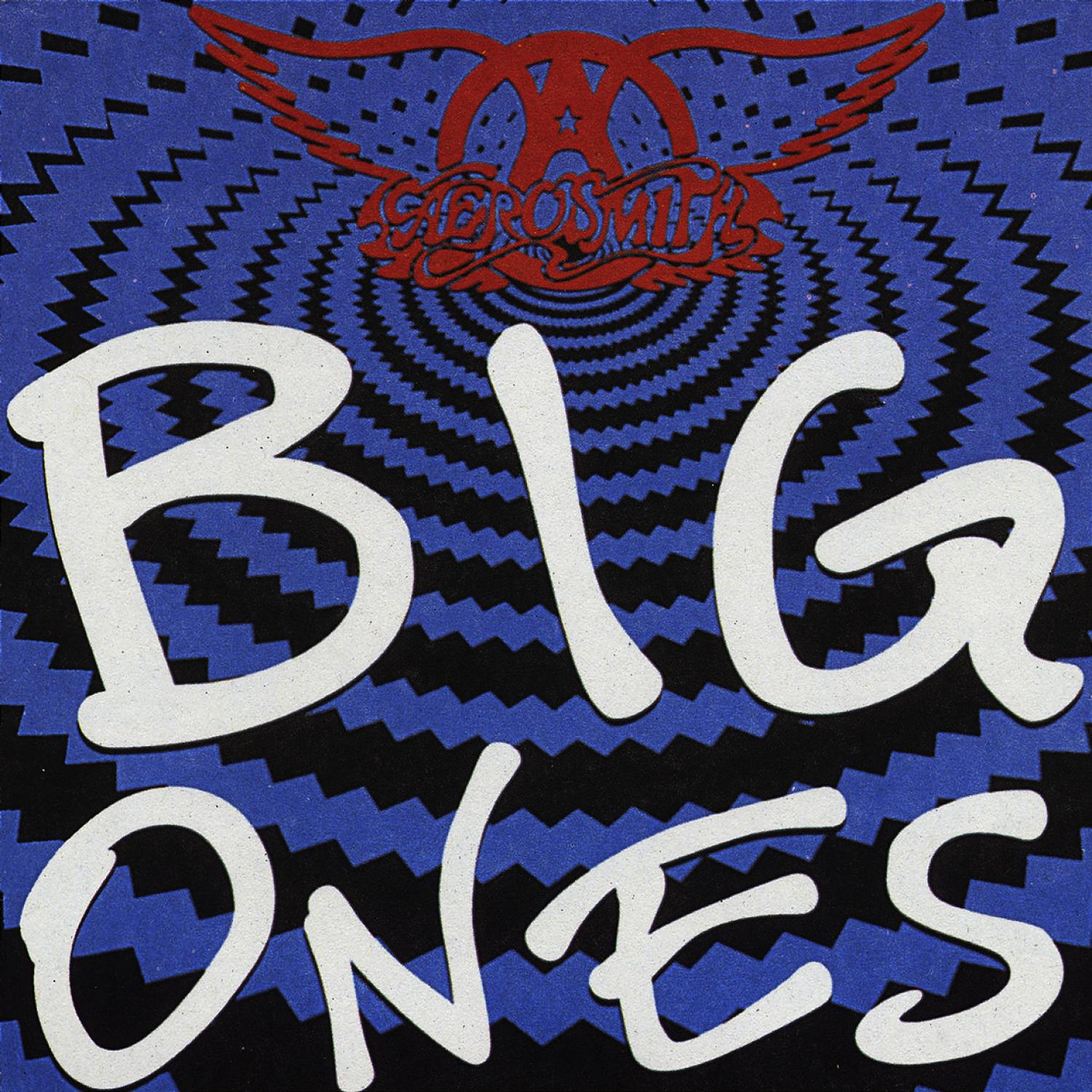 Aerosmith-Albumcover. Weißer Text 'BIG ONES' auf blauem und schwarzem Zickzack-Hintergrund.