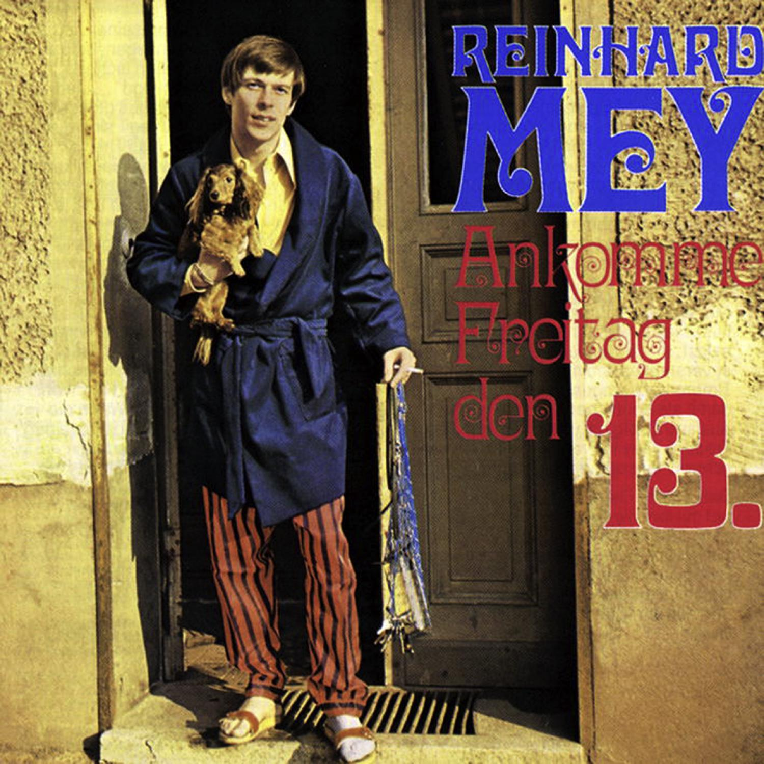 Reinhard Mey Albumcover, Mann mit Hund, Text auf dem Cover, Retro-Stil.