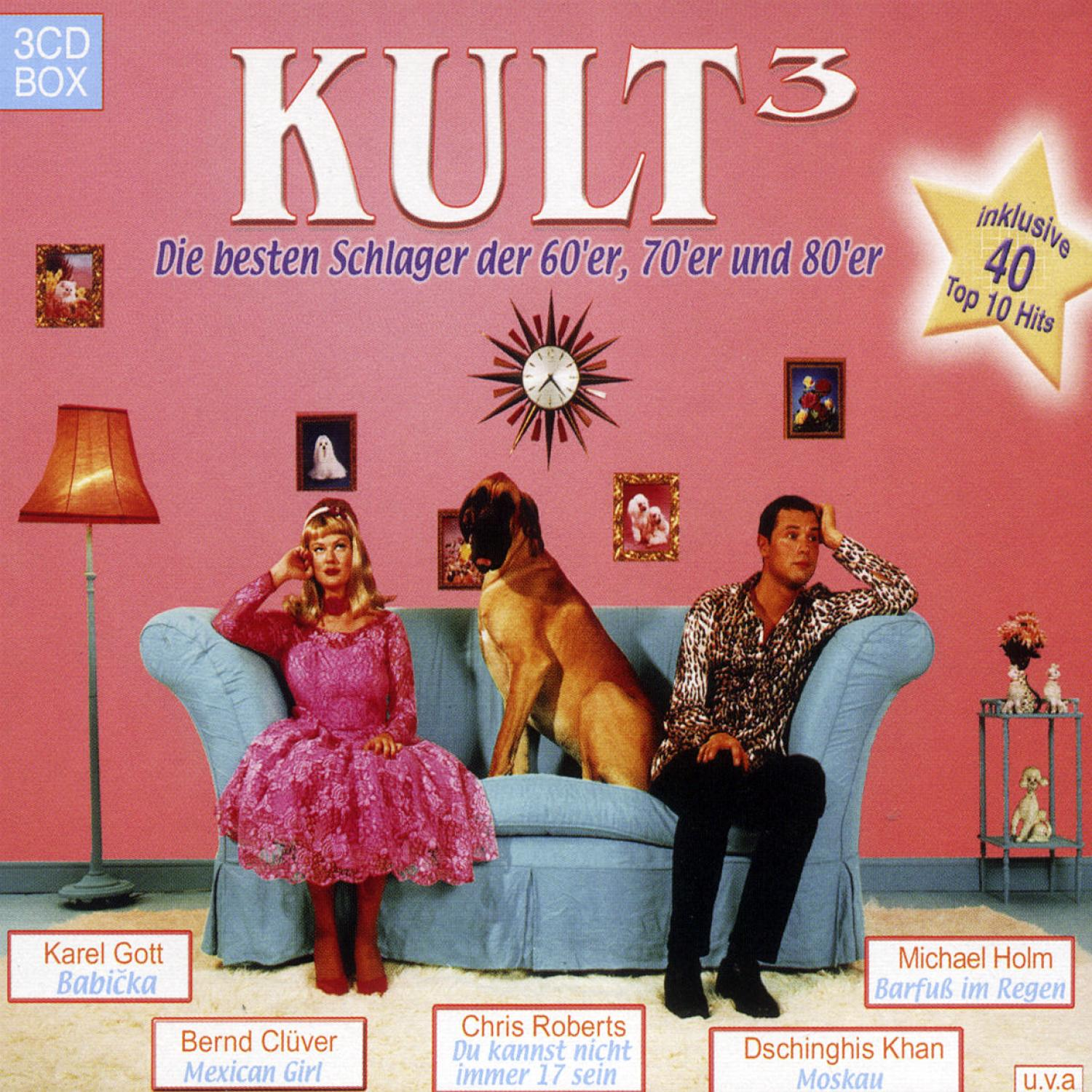 CD-Cover mit Personen auf einem Sofa und Text, betitelt 'KULT 3', mit pinkem Hintergrund.