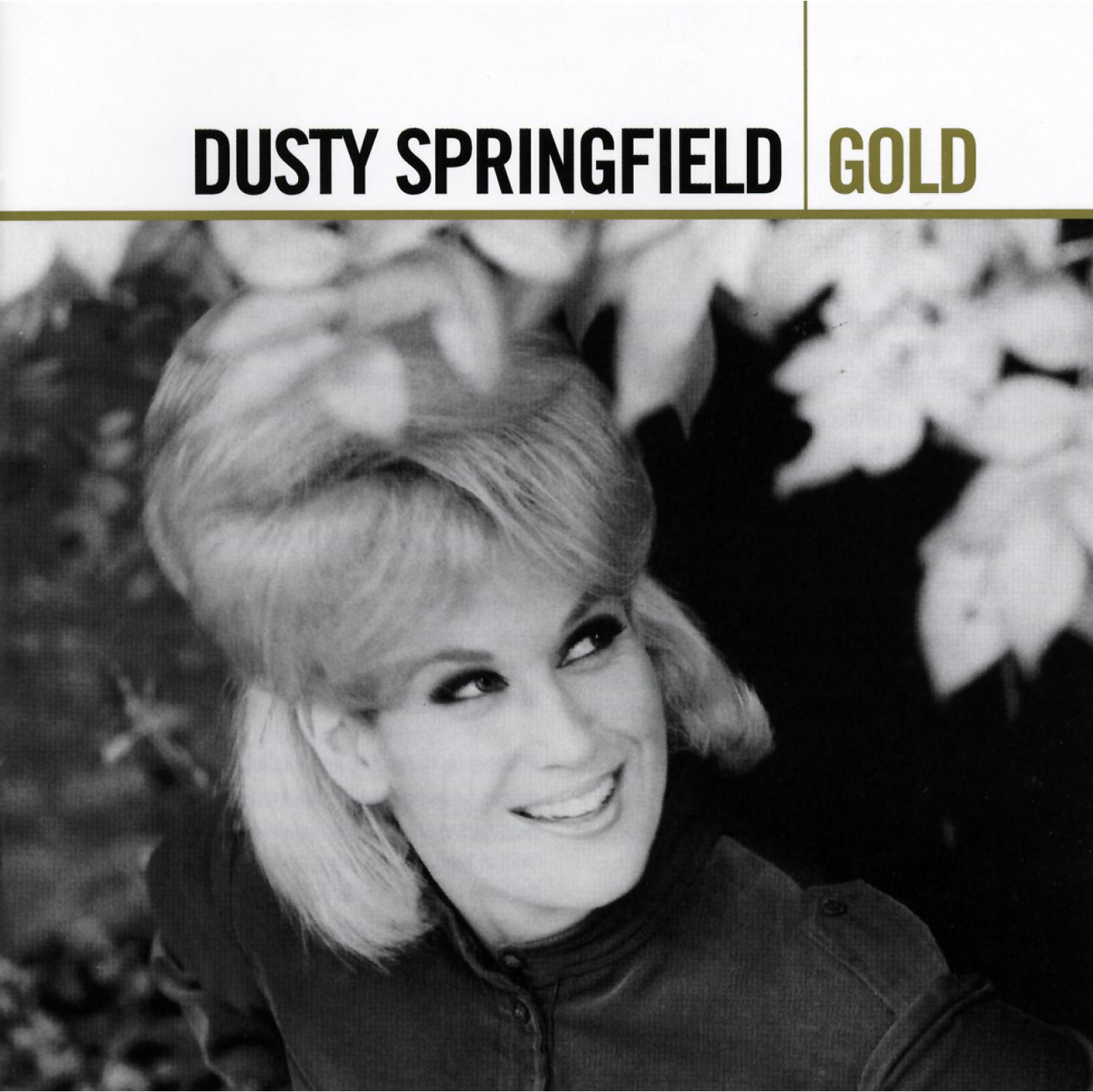 Albumcover: Frau mit blonden Haaren, lächelnd, Dusty Springfield Gold Text.