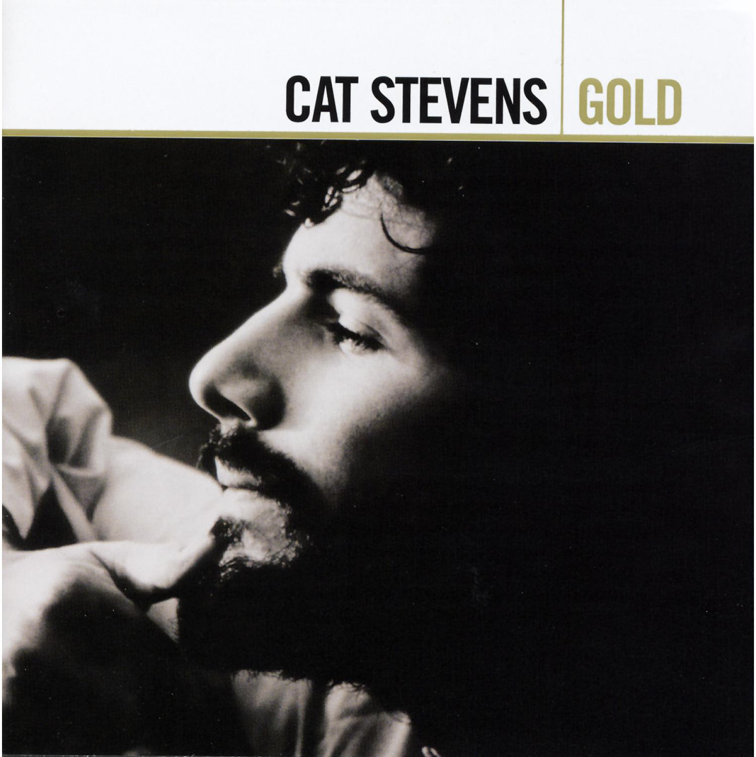 Albumcover-Kunst, ein Mann im Profil, mit Bart und Schnurrbart. Der Titel ist Cat Stevens Gold.