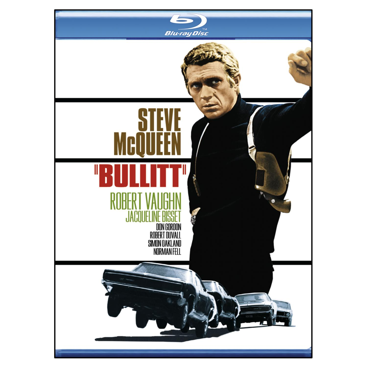 Filmcover 'Bullitt' mit Steve McQueen, Autos in Bewegung.