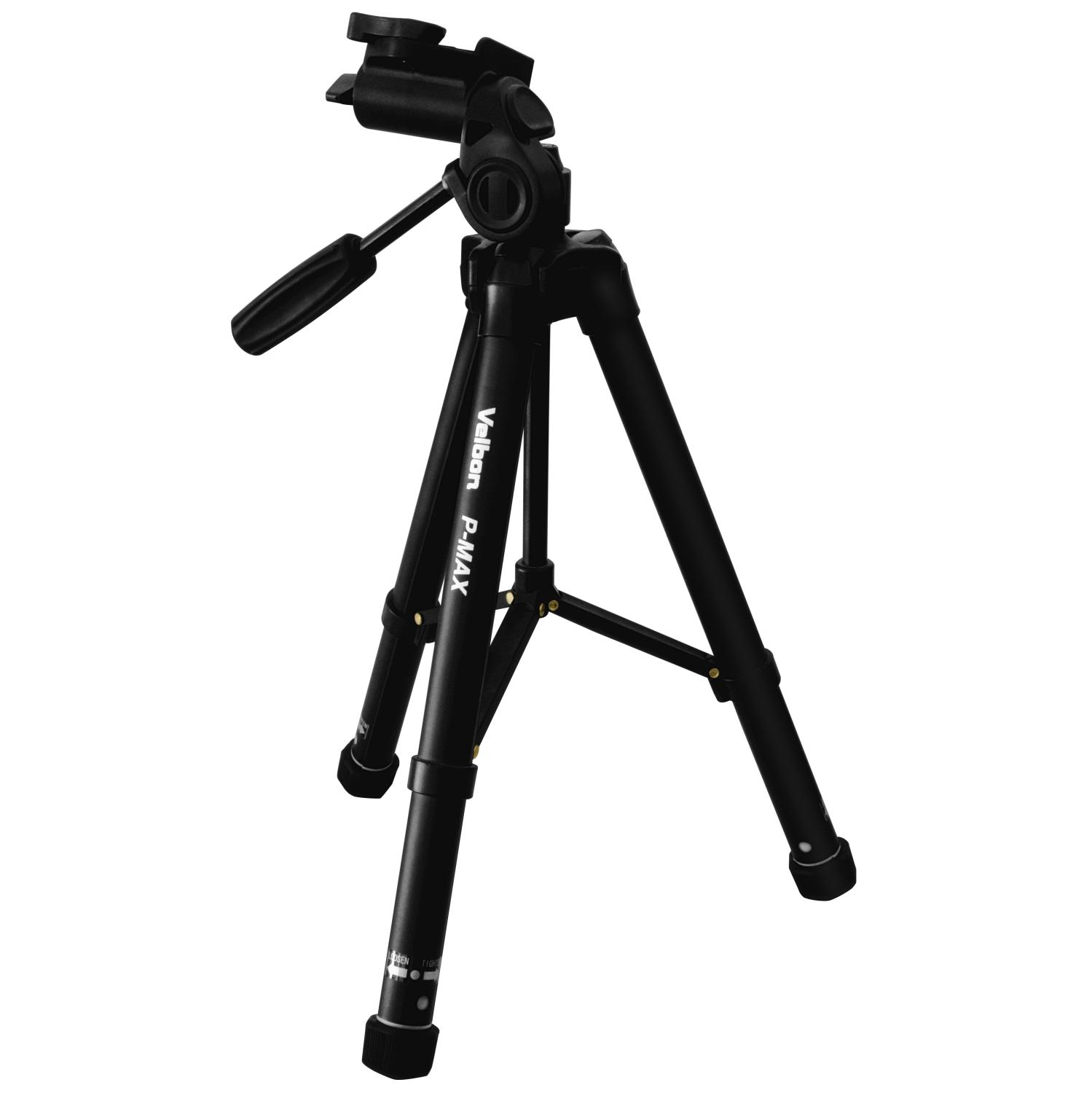 Black tripod with three legs, central column, and a head for a camera.