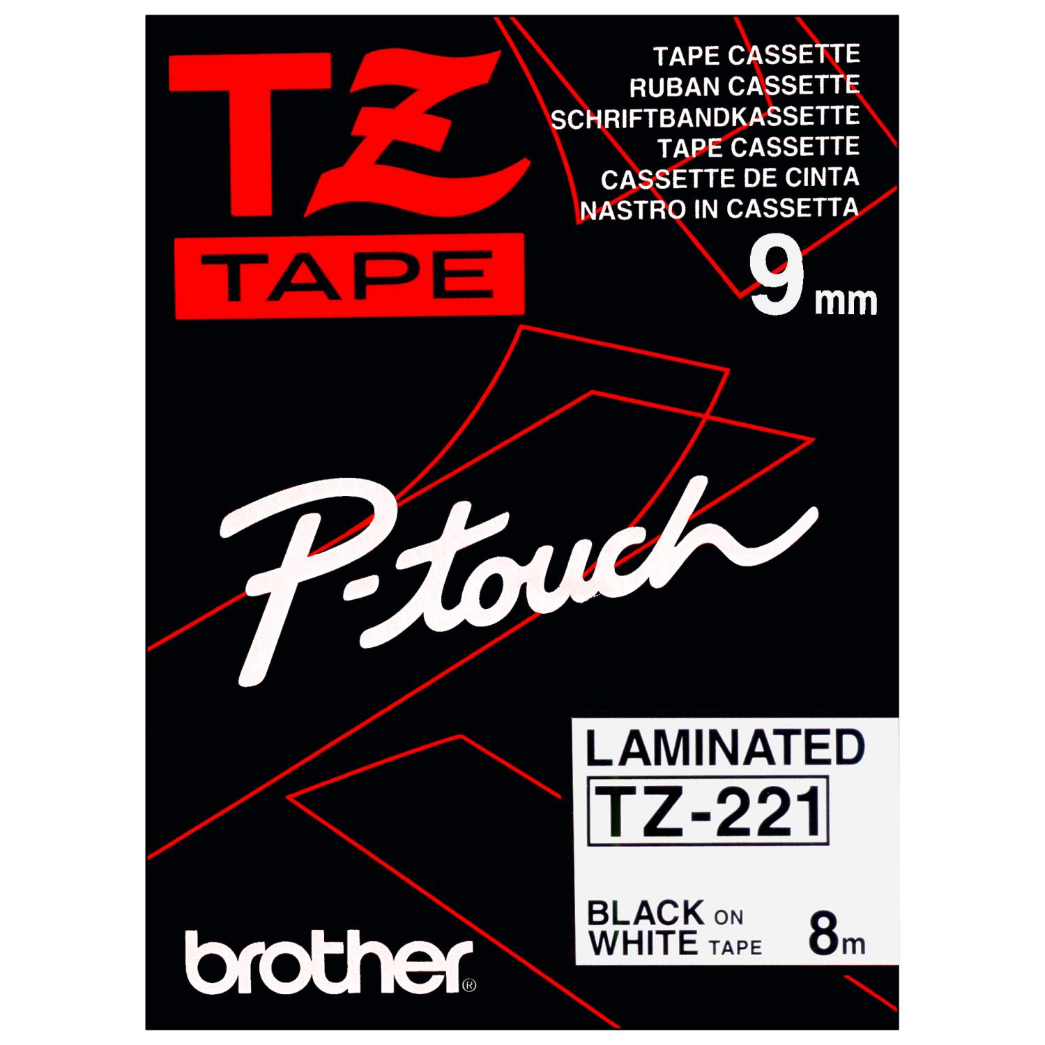 Schwarzes und rotes Etikettenband. Text: TAPE, P-touch, laminiert, TZ-221, Schwarz auf weißem Band, 8 mm und 9 mm.