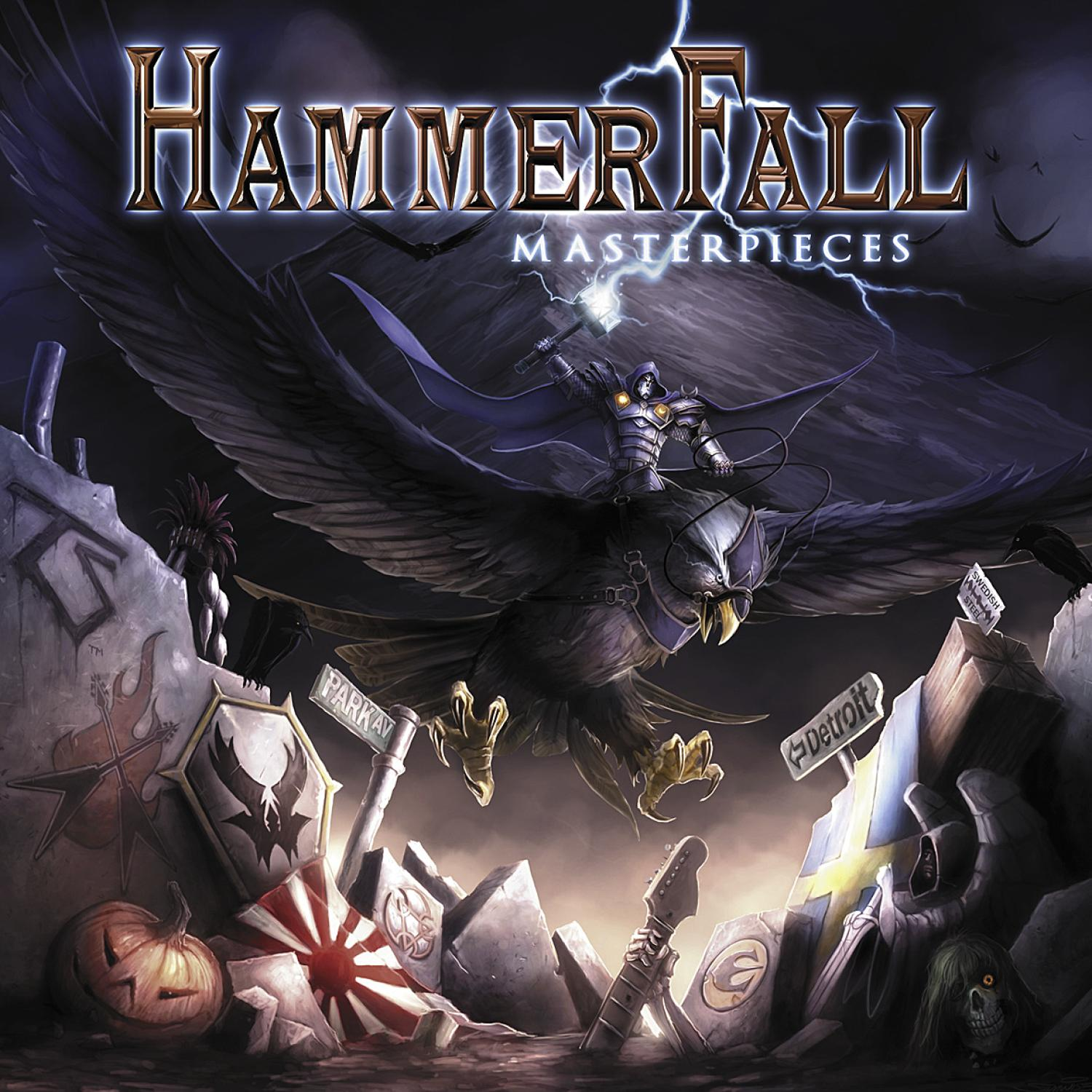 Hammerfall-Albumcover. Ein Ritter reitet auf einem Adler inmitten eines Schlachtfelds zerstörter Denkmäler.