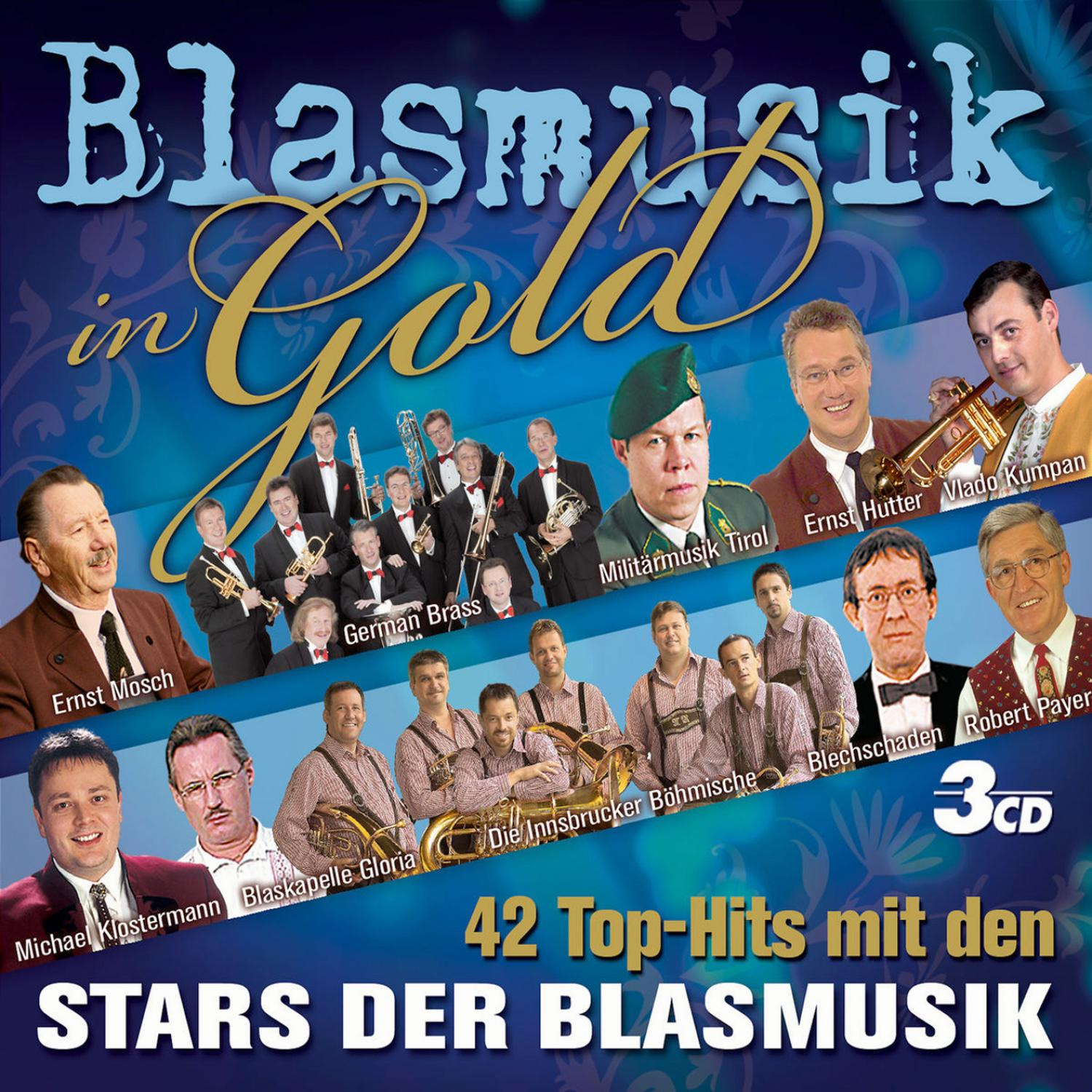 CD-Cover mit einer Gruppe von Männern. Titel: Blasmusik in Gold. Musiker in Tracht.