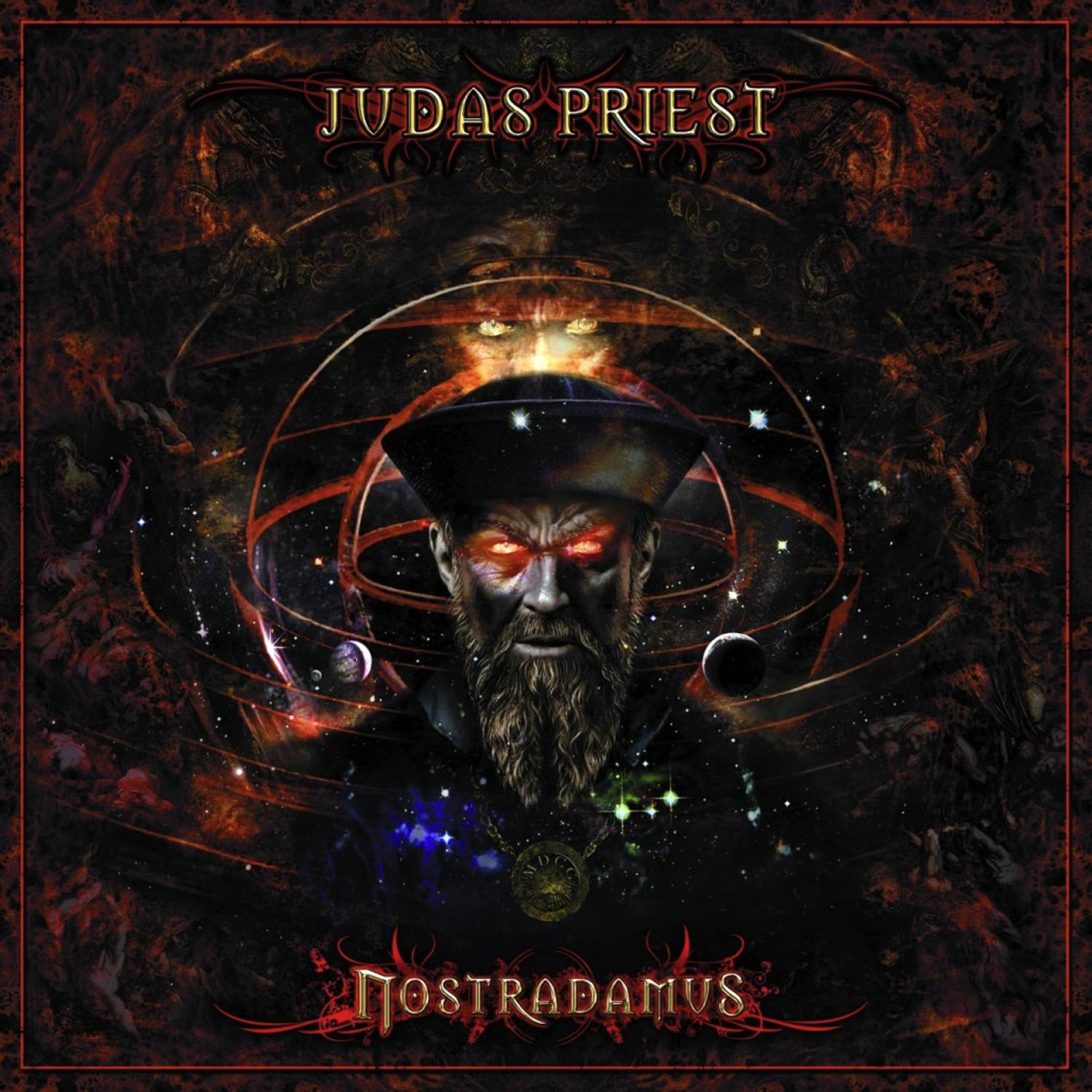 Albumcover: Dunkles Bild mit Gesicht, Flammen, Planeten. Titel: Judas Priest - Nostradamus.