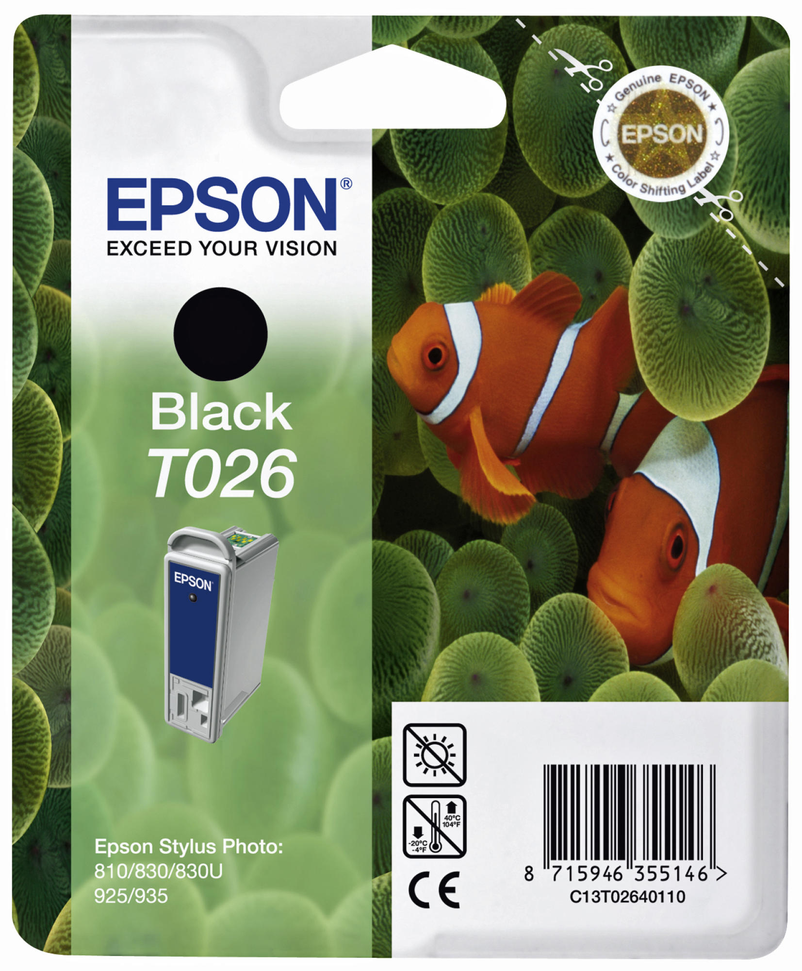 Epson Tintenpatronenverpackung. Schwarze Tinte mit zwei orangefarbenen Fischen im Hintergrund.