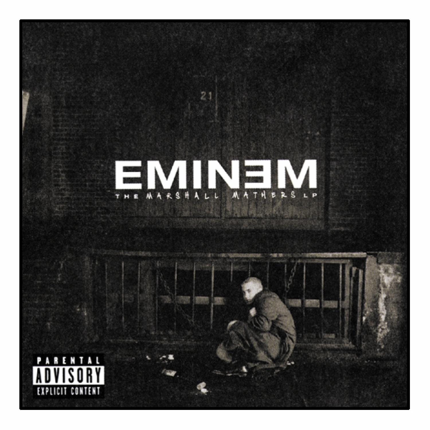 Albumcover für Eminems The Marshall Mathers LP, mit Eminem im Schatten sitzend.