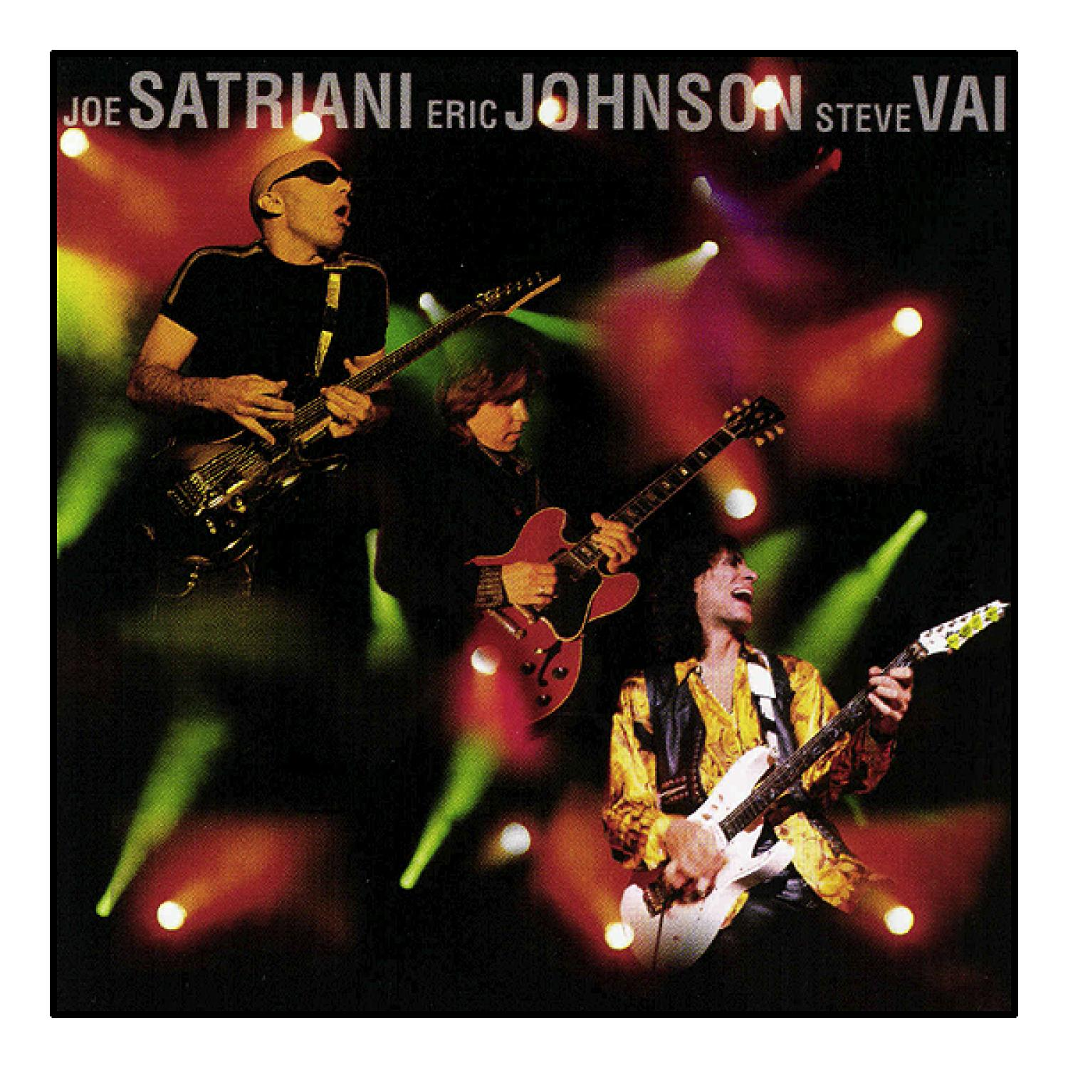 Albumcover: Joe Satriani, Eric Johnson, Steve Vai, spielen Gitarre auf der Bühne.