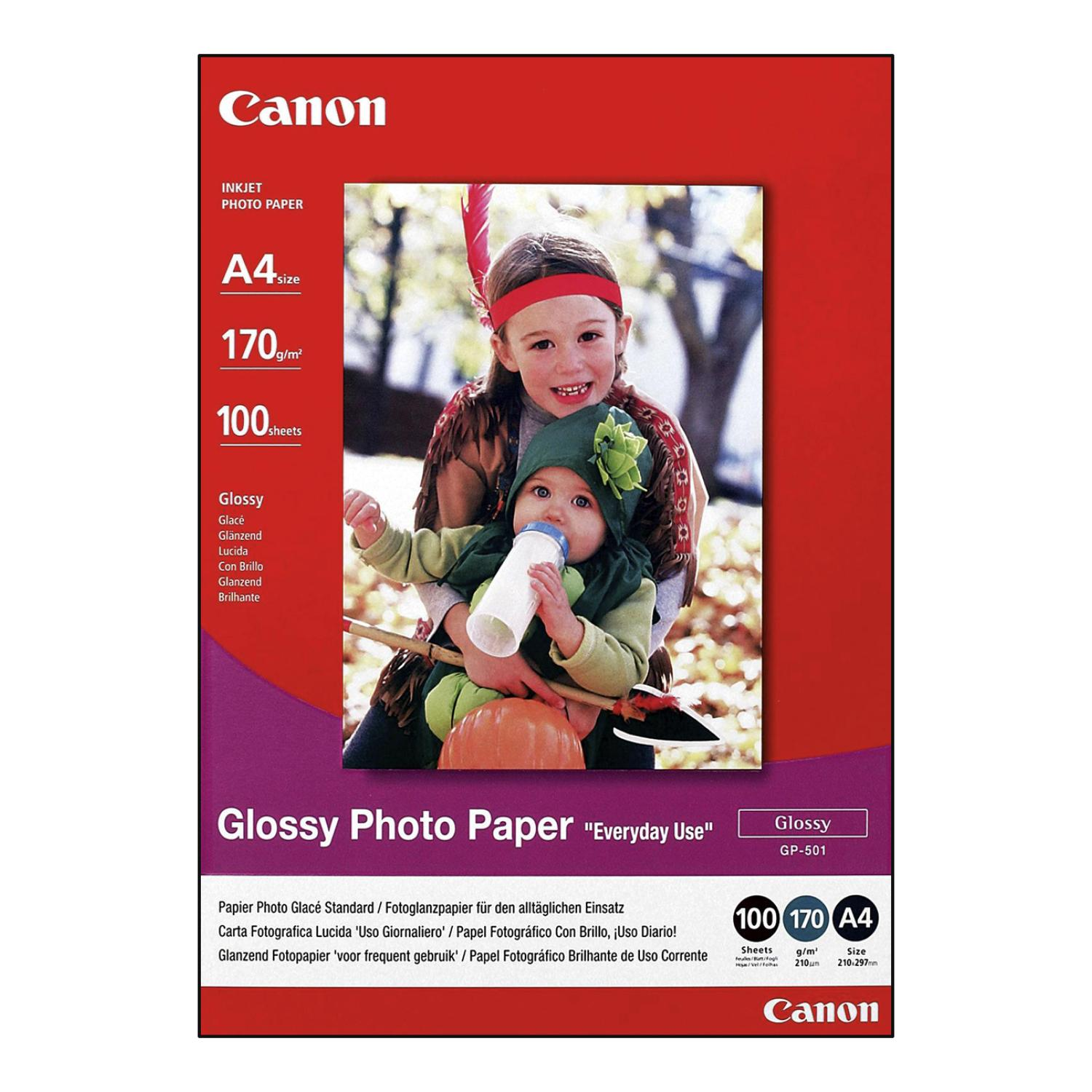 Paquet de papier photo brillant Canon, un enfant tenant un biberon et un bébé. Texte : Papier photo brillant, usage quotidien.