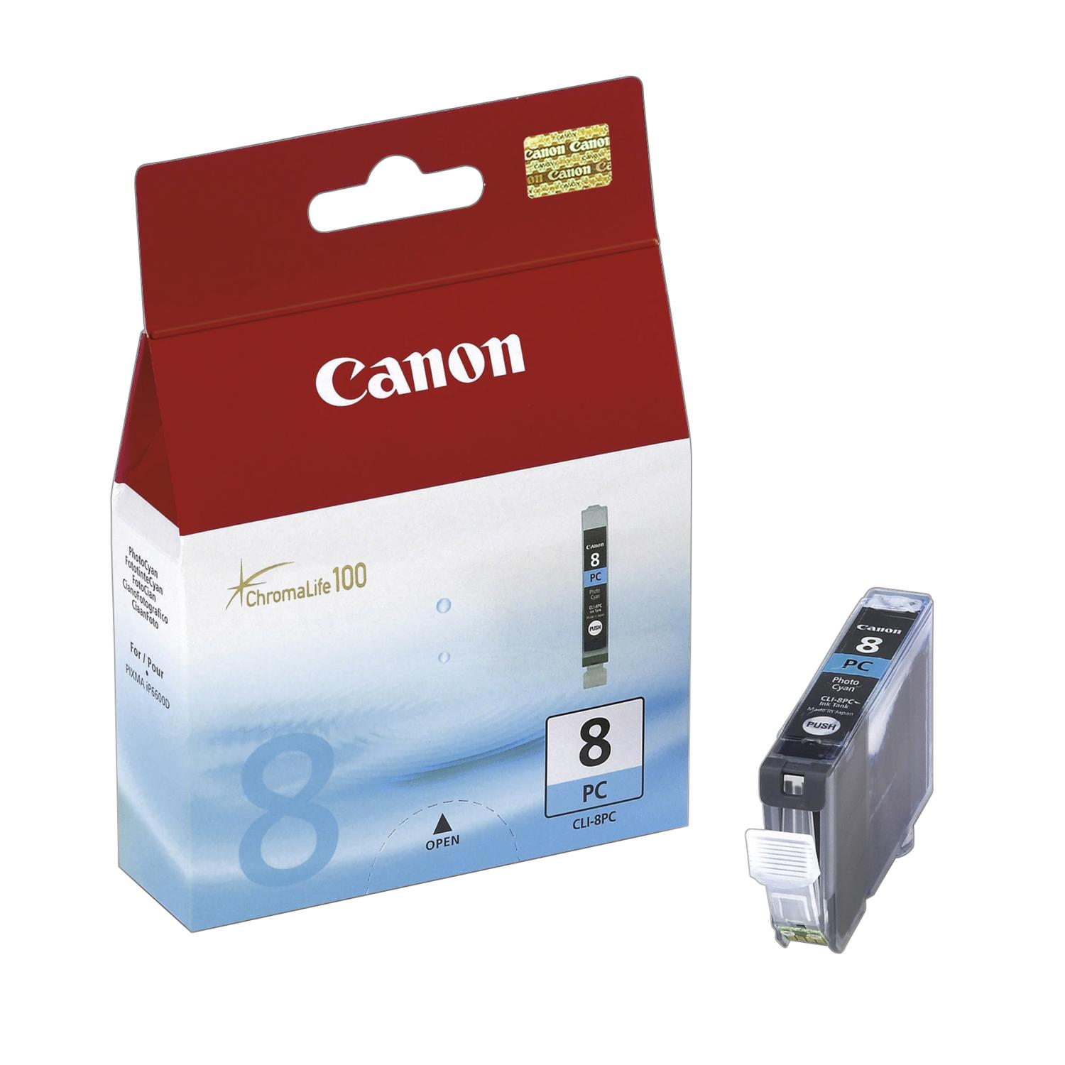 Canon 8 mürekkep kartuşu ambalajında ve tek bir kartuş.