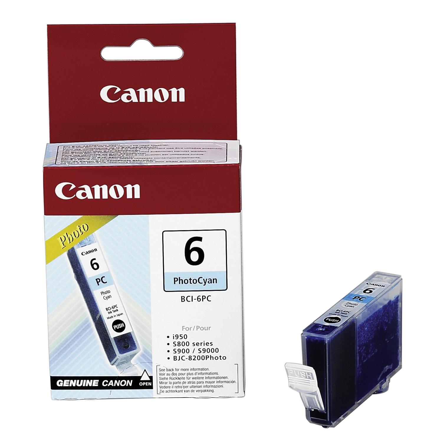 Canon PhotoCyan mürekkep kartuş kutusu ve kartuşu beyaz zeminde.