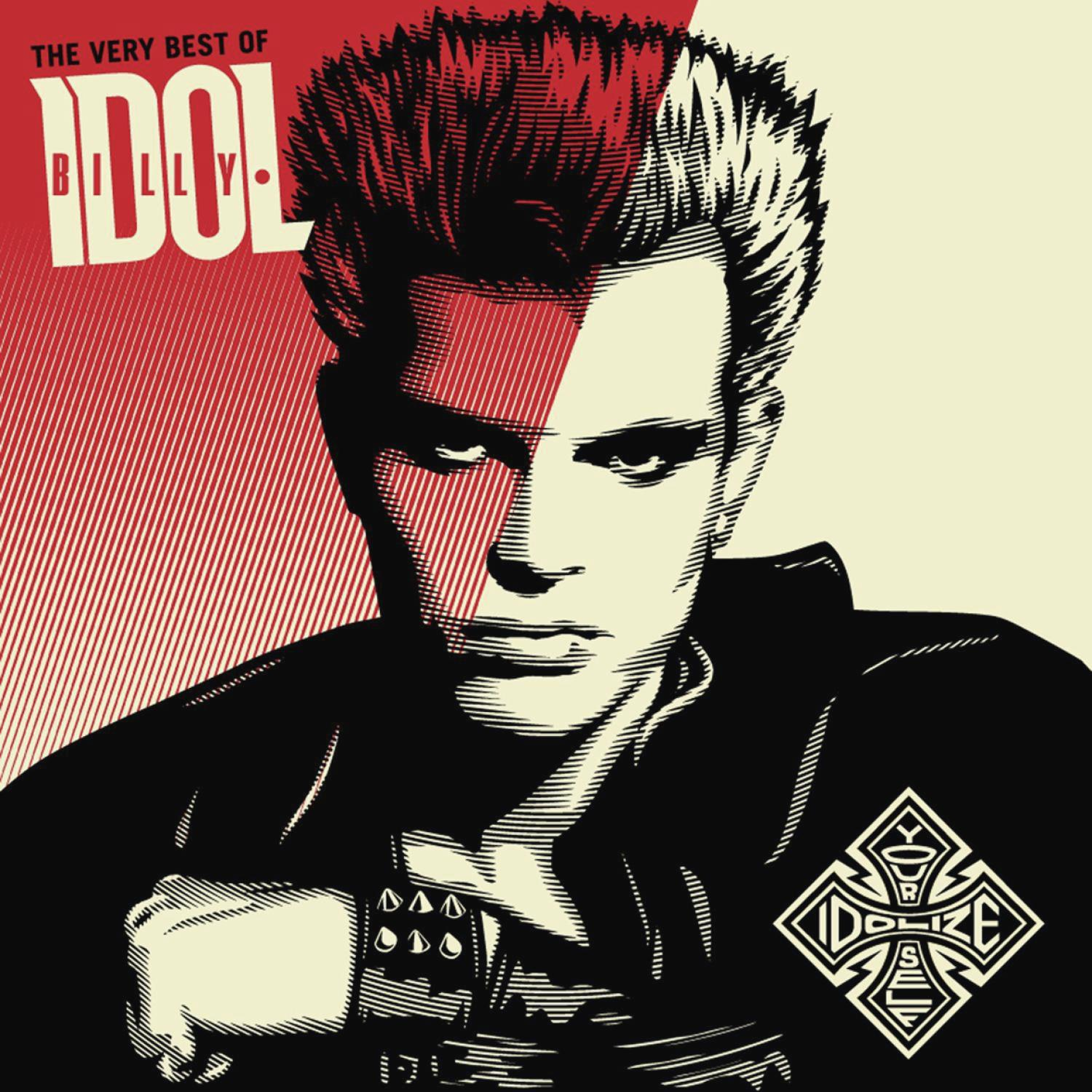 Albumcover. Ein Mann mit rot-weißem Haar und schwarzem Outfit. Text: The Very Best of Billy Idol.
