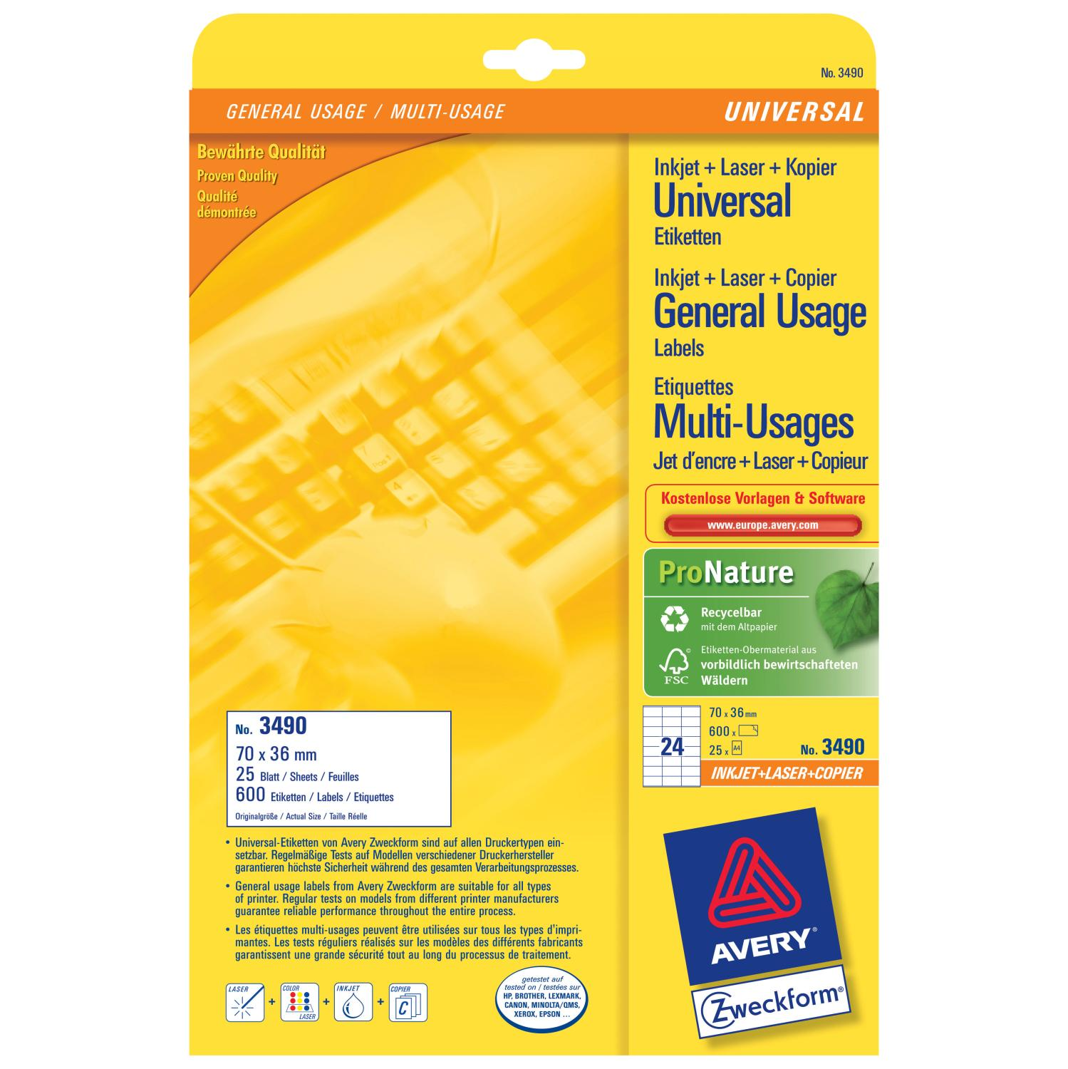 Universelles Avery-Etikettenblatt, verschiedene Sprachen, Text und Grafiken.