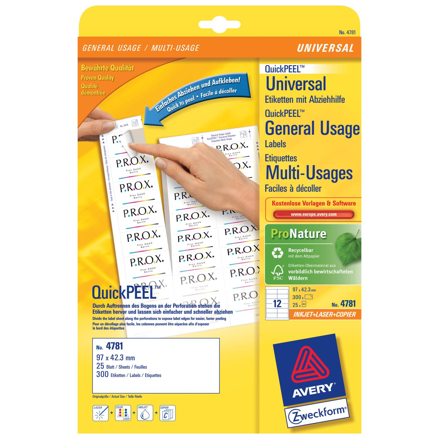 Avery QuickPEEL Etikettenpackung. Eine Hand zieht ein Etikett von einem Bogen Etiketten ab.