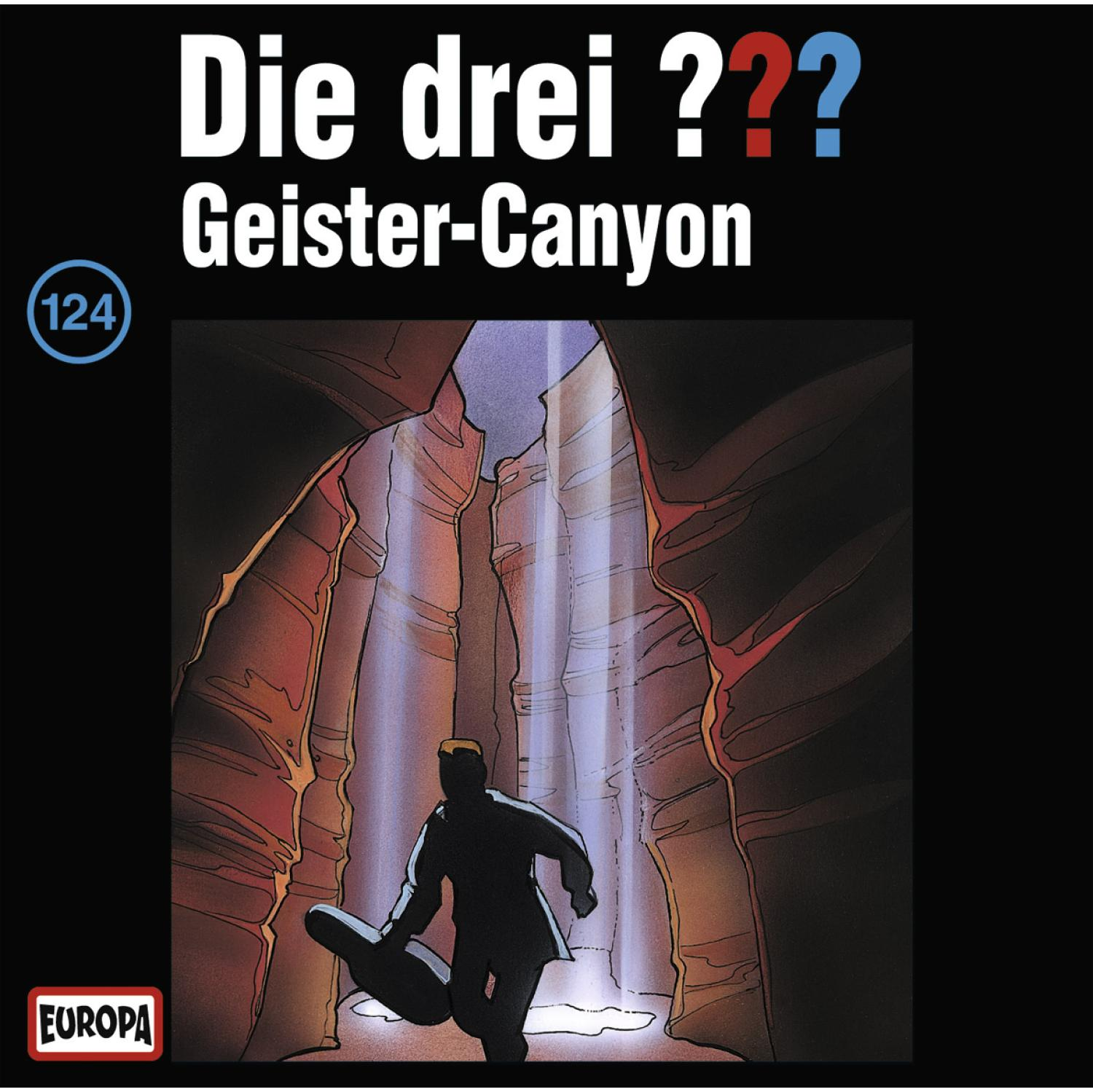 Comic-Cover. Eine Person rennt in einen Canyon mit dem Text 'Die drei ???' und 'Geister-Canyon'.