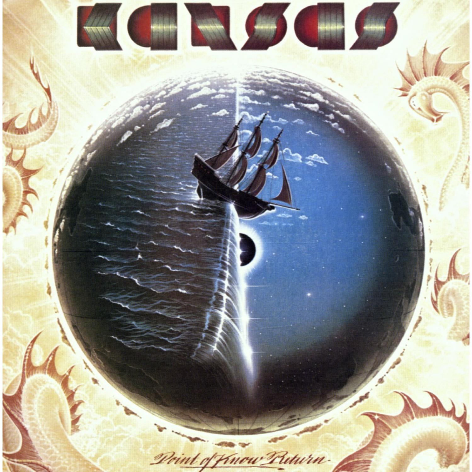Kansas-Albumcover mit einem Schiff in einem Globus. Der Hintergrund ist ein Nebel.