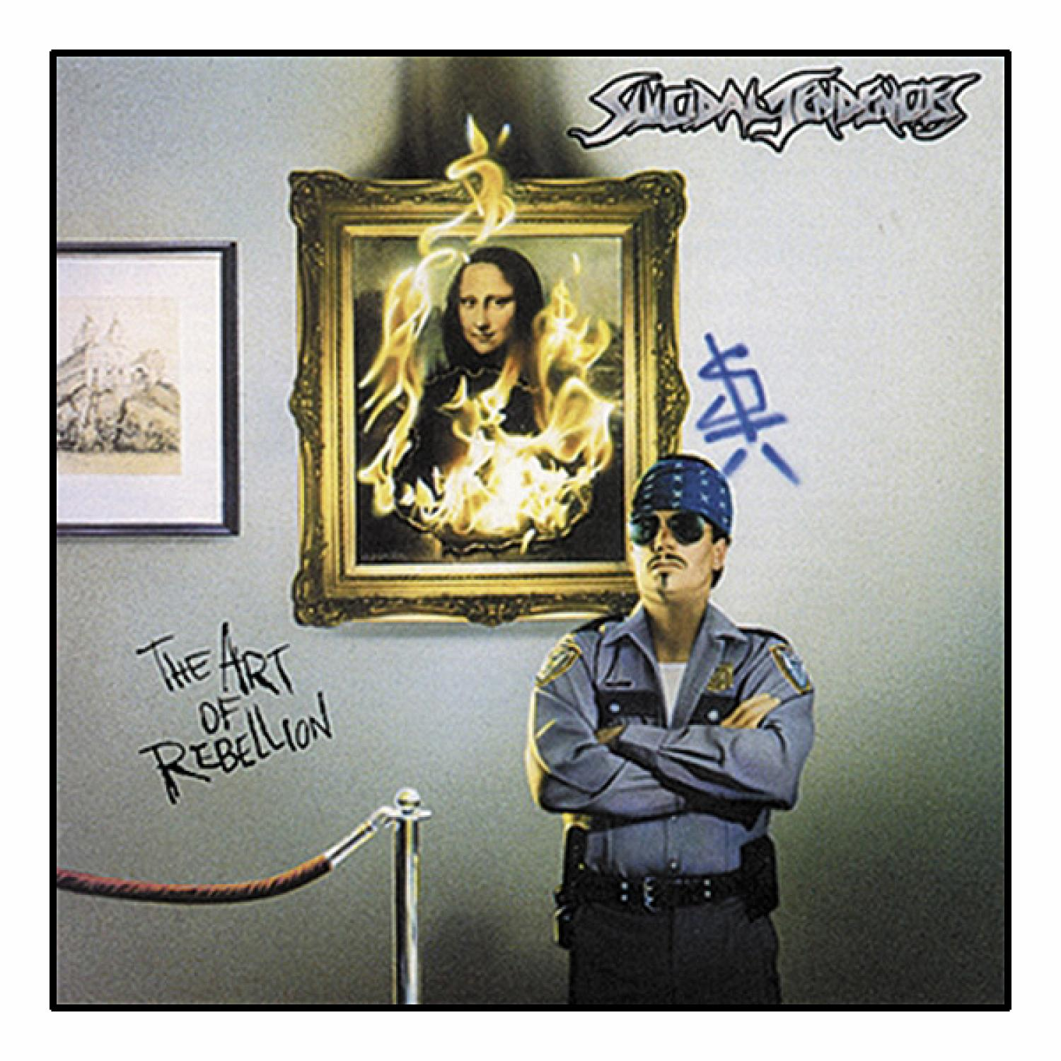 Albumcover: Mona Lisa in Flammen, ein Wachmann und Graffiti.