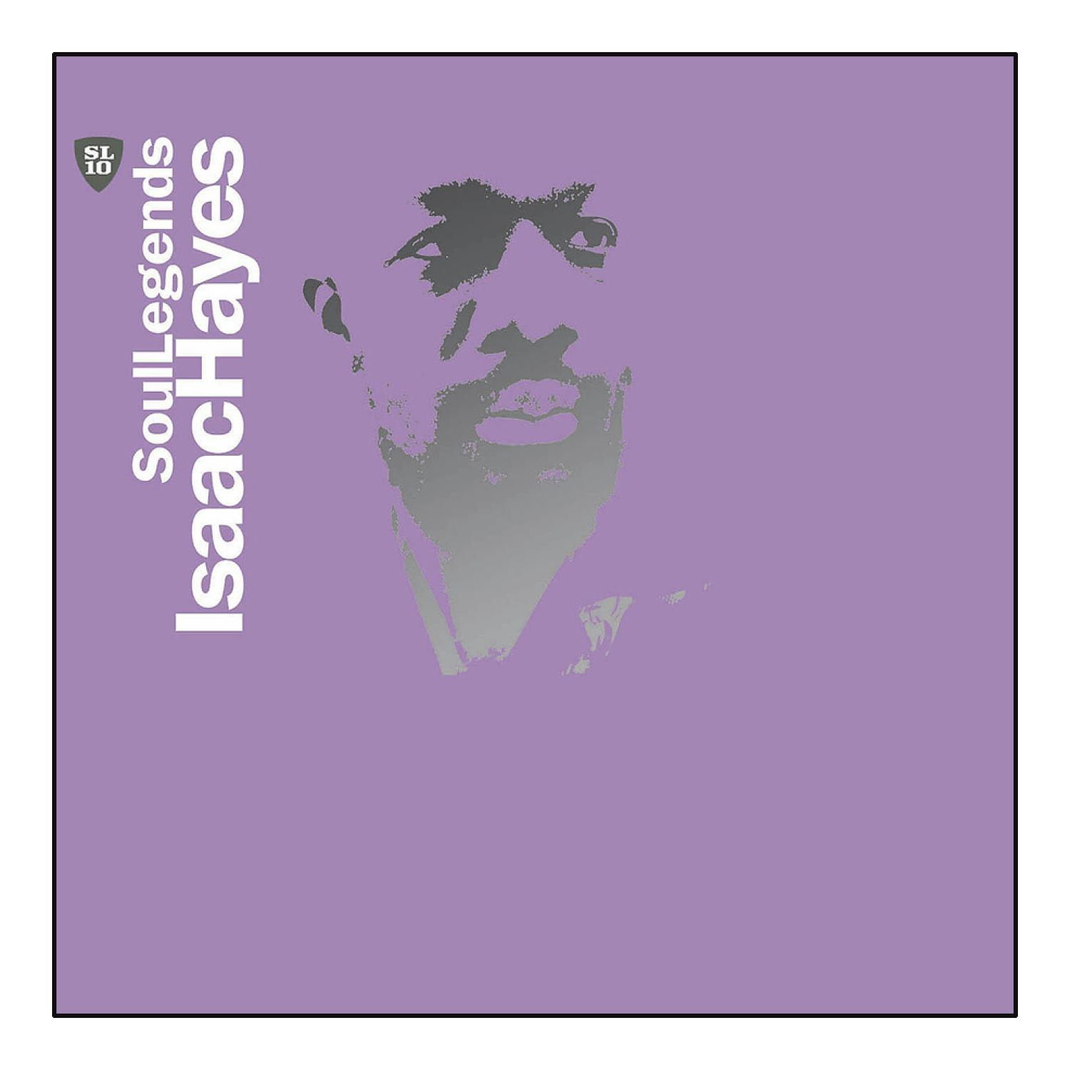 Albumcover: Soul Legends Isaac Hayes, eine graue Silhouette von Isaac Hayes auf lila Hintergrund.