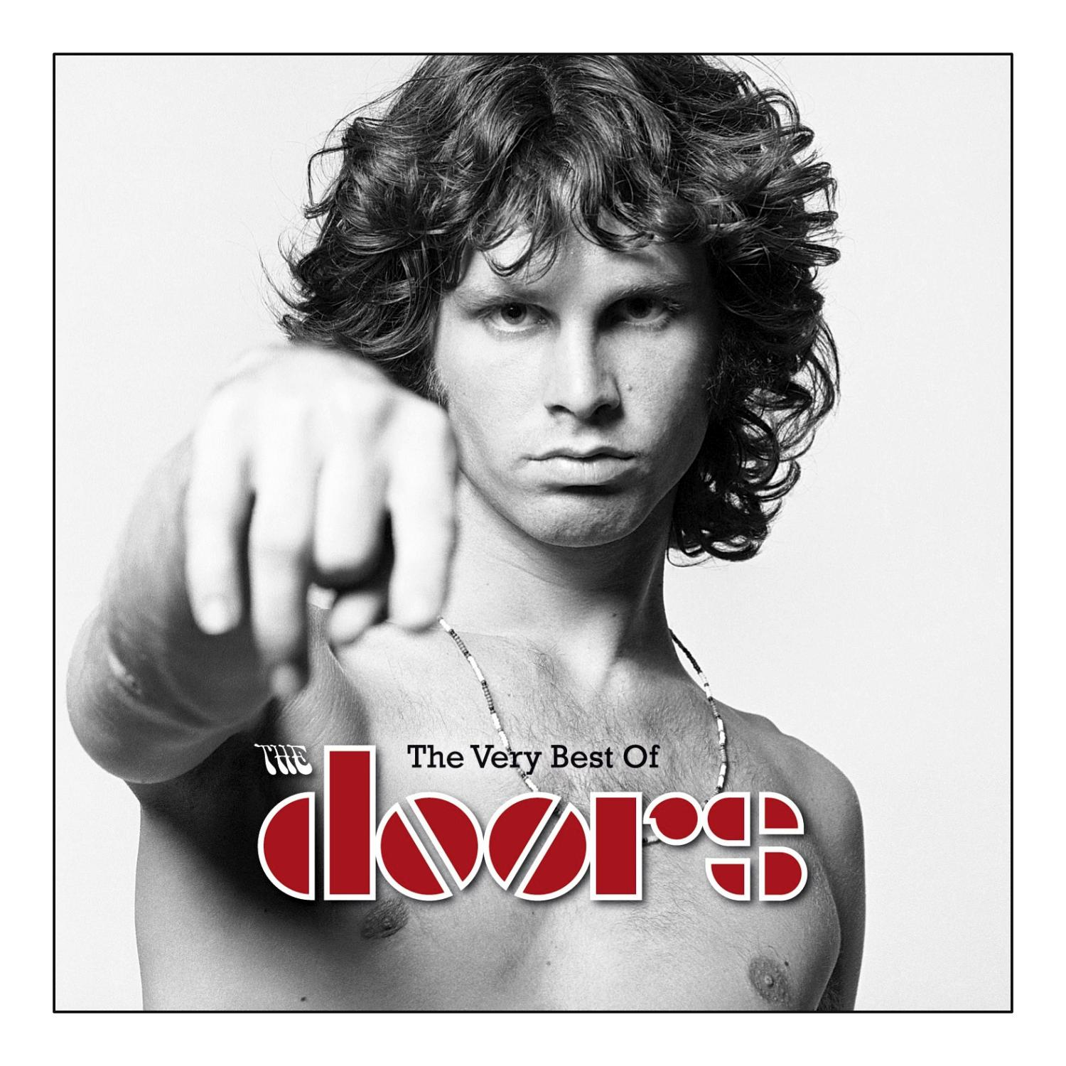 Albumcover: The Doors, Jim Morrison zeigt mit der rechten Hand, oberkörperfrei, Schwarzweiß.