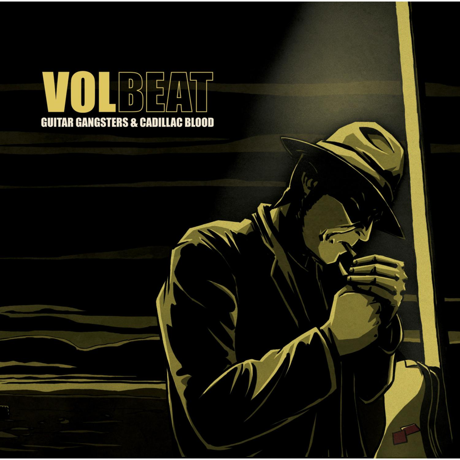 Albumcover für 'VOLBEAT', ein Mann mit Hut raucht, in Gelb- und Schwarztönen.