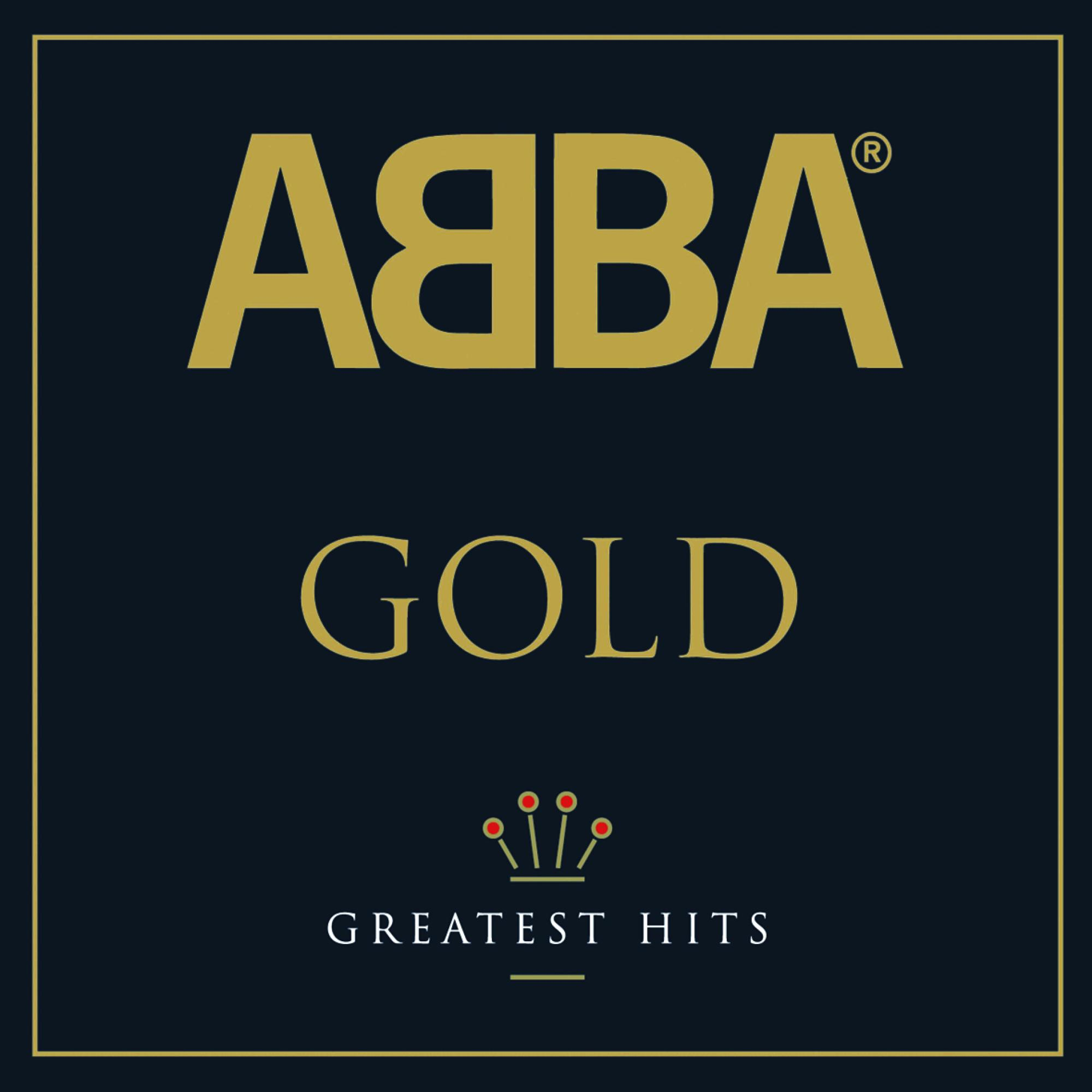 Pochette d'album : ABBA Gold. Texte doré sur fond bleu marine. Symbole de la couronne.