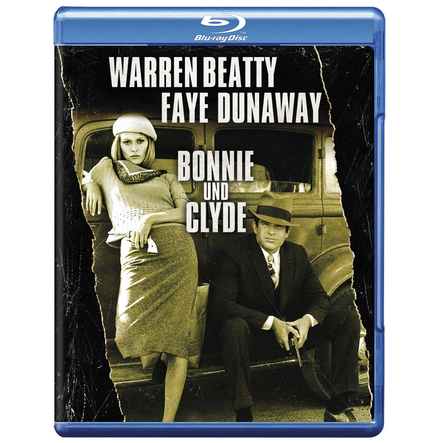 Blu-ray-Cover: Warren Beatty, Faye Dunaway in einem Oldtimer. Titel: Bonnie und Clyde.